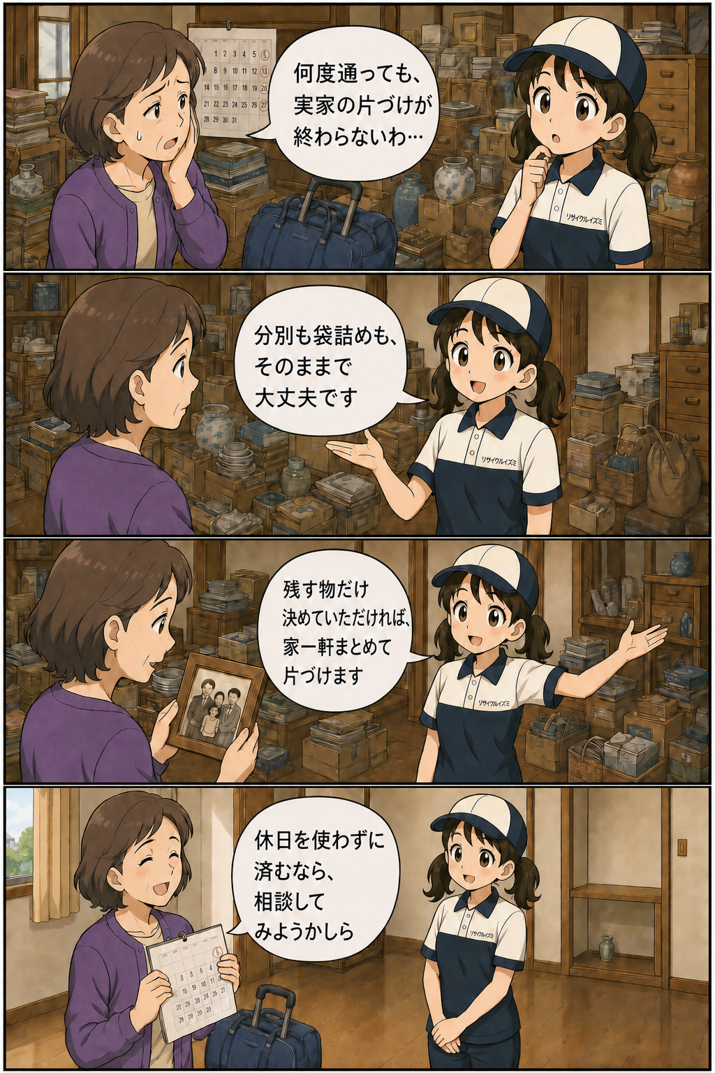 遠方の実家を一軒まとめて片づける流れを説明する縦4コマ漫画