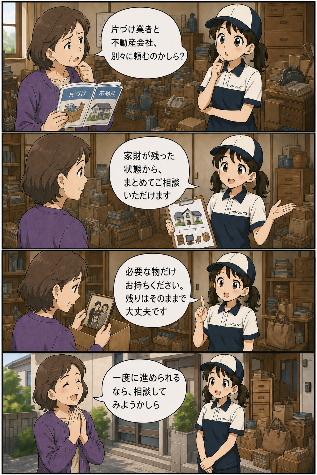 家財を片づけずに実家を売却するメリットを説明するいずみちゃんの縦4コマ漫画