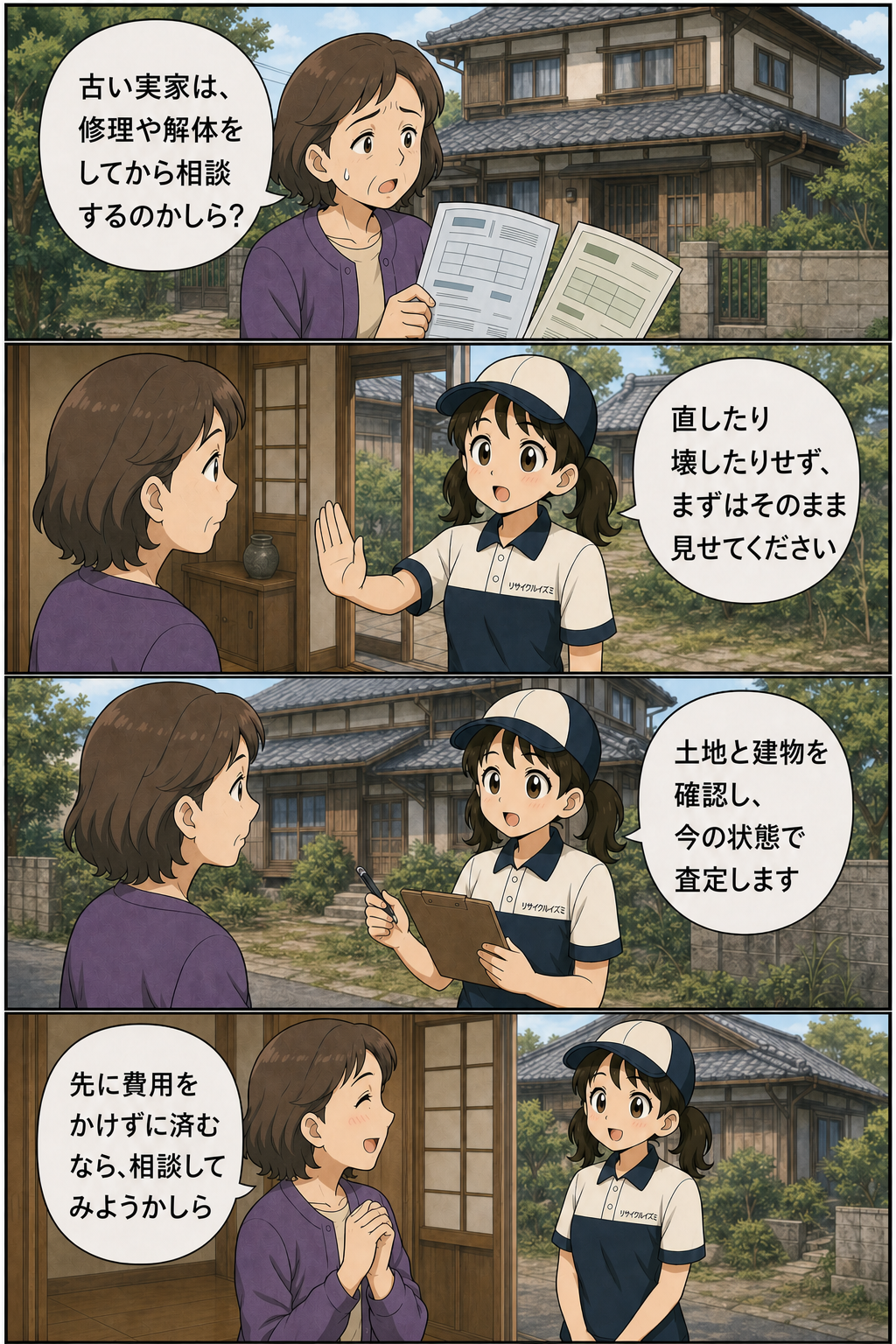 古い実家を直したり解体したりせずに査定・売却する流れを説明するいずみちゃんの縦4コマ漫画