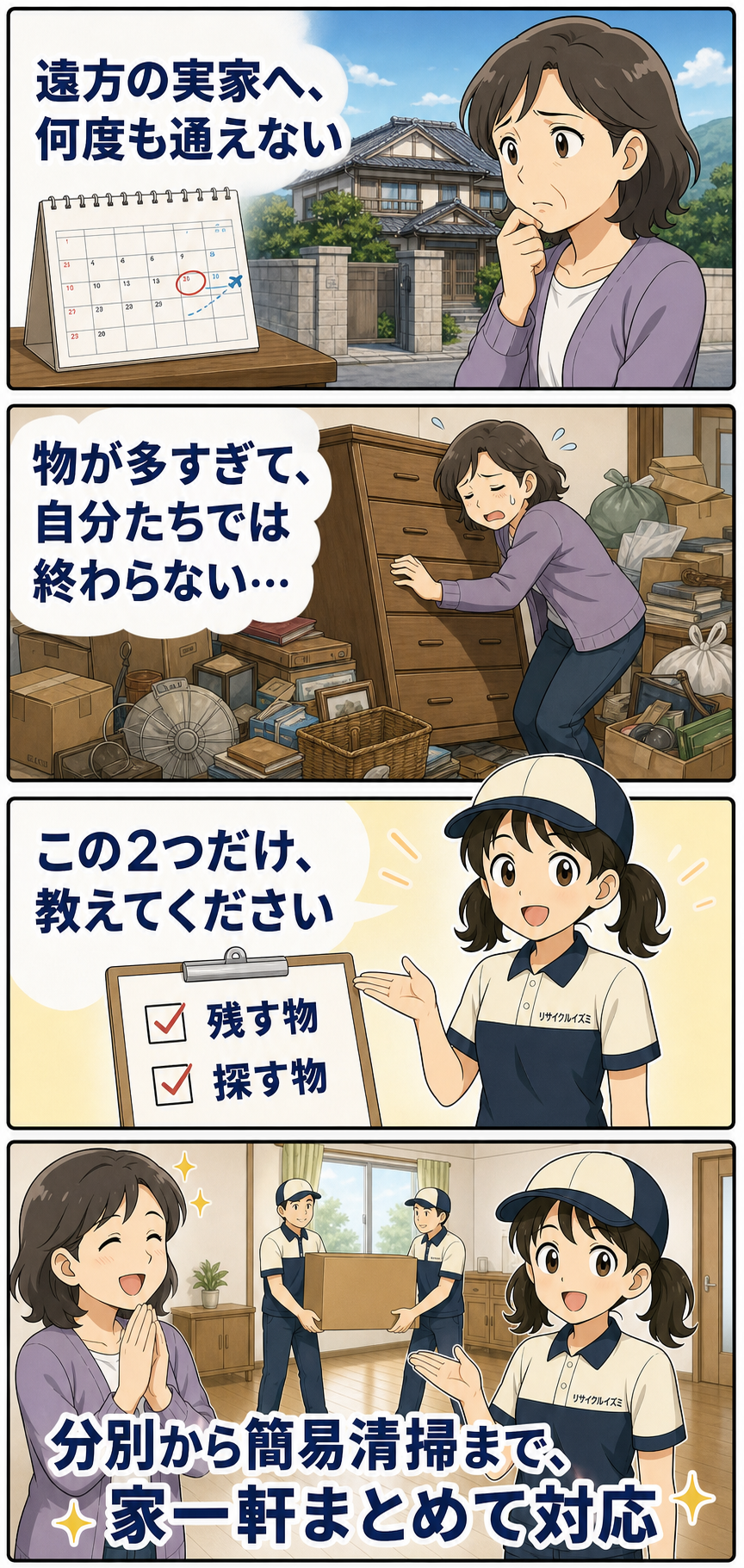 遠方の実家を一軒まとめて片づける流れを説明する縦4コマ漫画