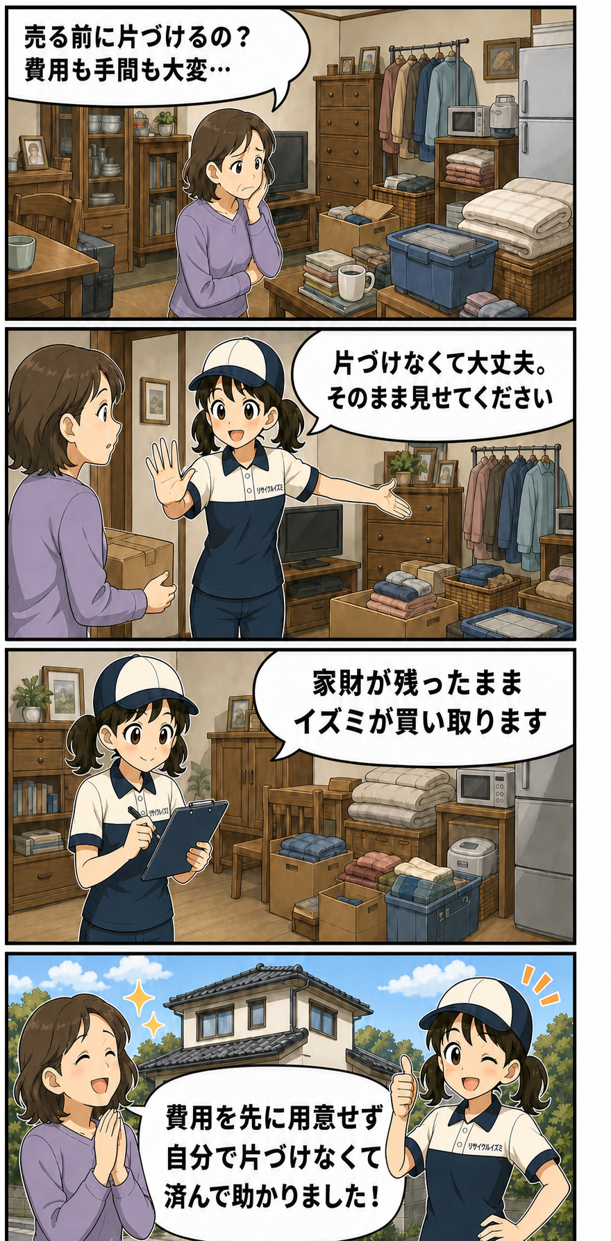 家財を片づけずに実家を売却するメリットを説明するいずみちゃんの縦4コマ漫画