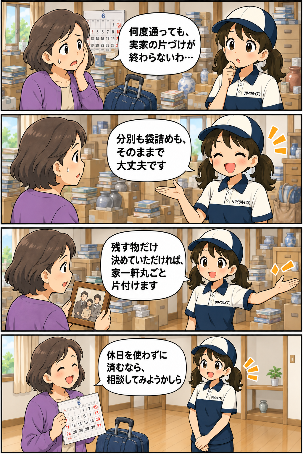遠方の実家を一軒まとめて片づける流れを説明する縦4コマ漫画