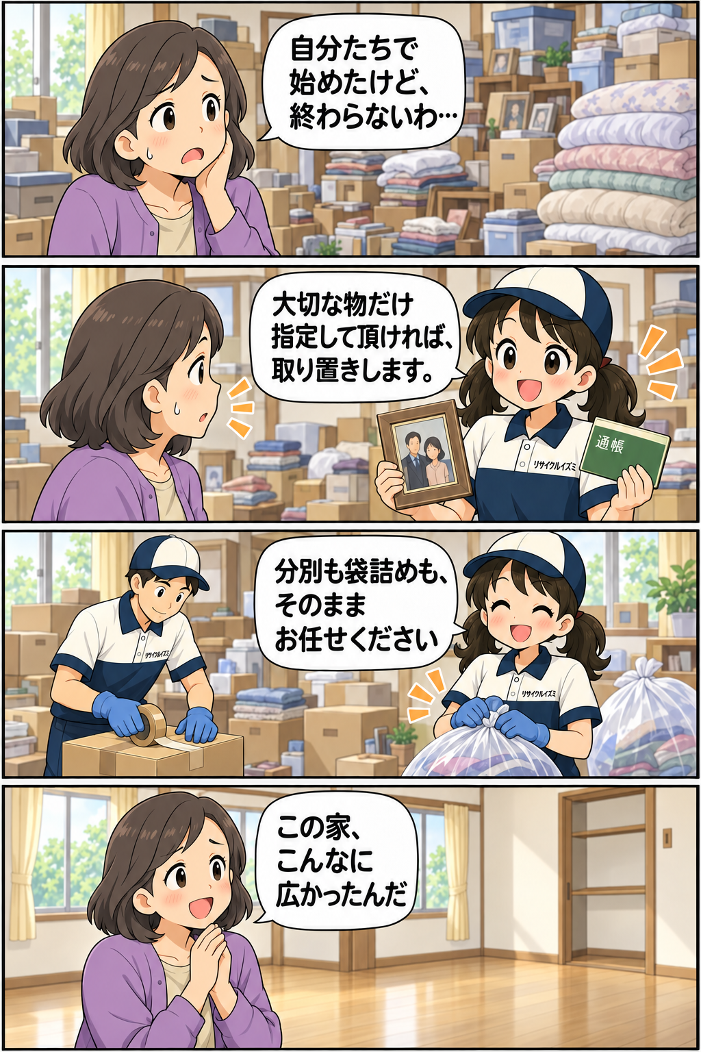 大切な物だけ確認し、残りの分別や袋詰めを任せられる遺品整理を説明する縦4コマ漫画