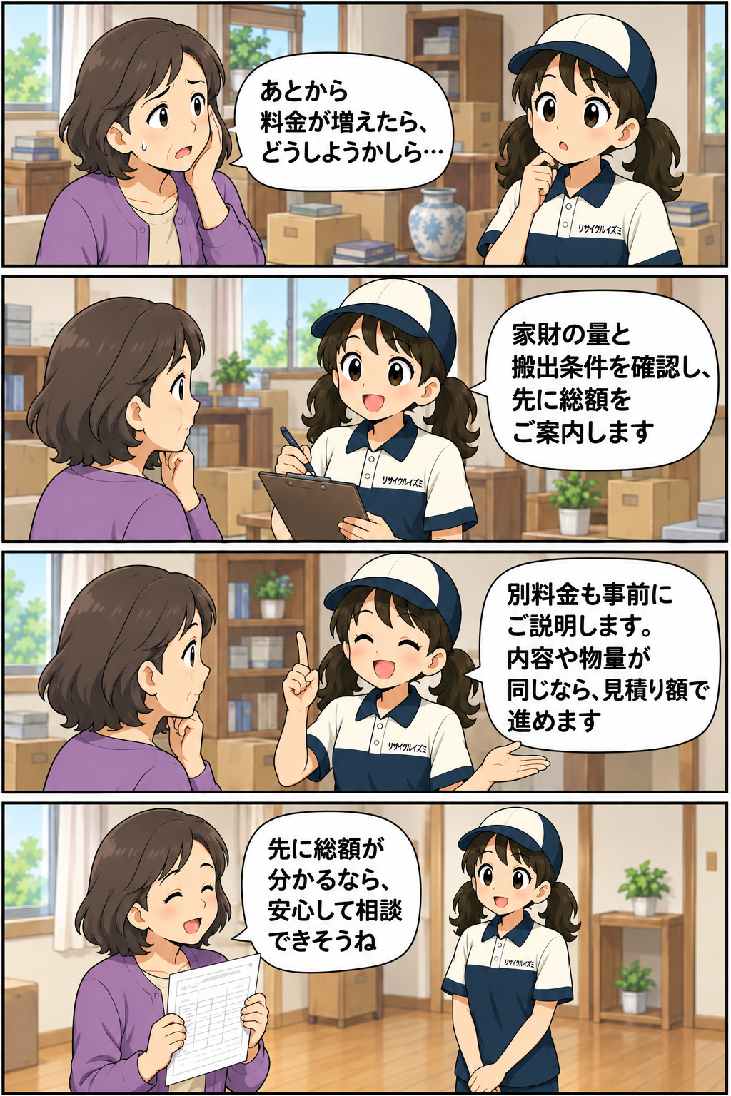 家財の量と搬出条件を確認し、作業前に総額と別料金を案内する縦4コマ漫画