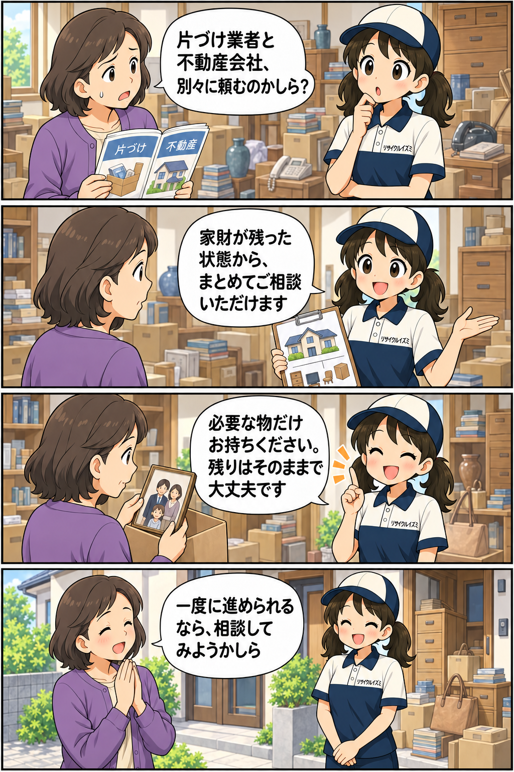 家財を片づけずに実家を売却するメリットを説明するいずみちゃんの縦4コマ漫画