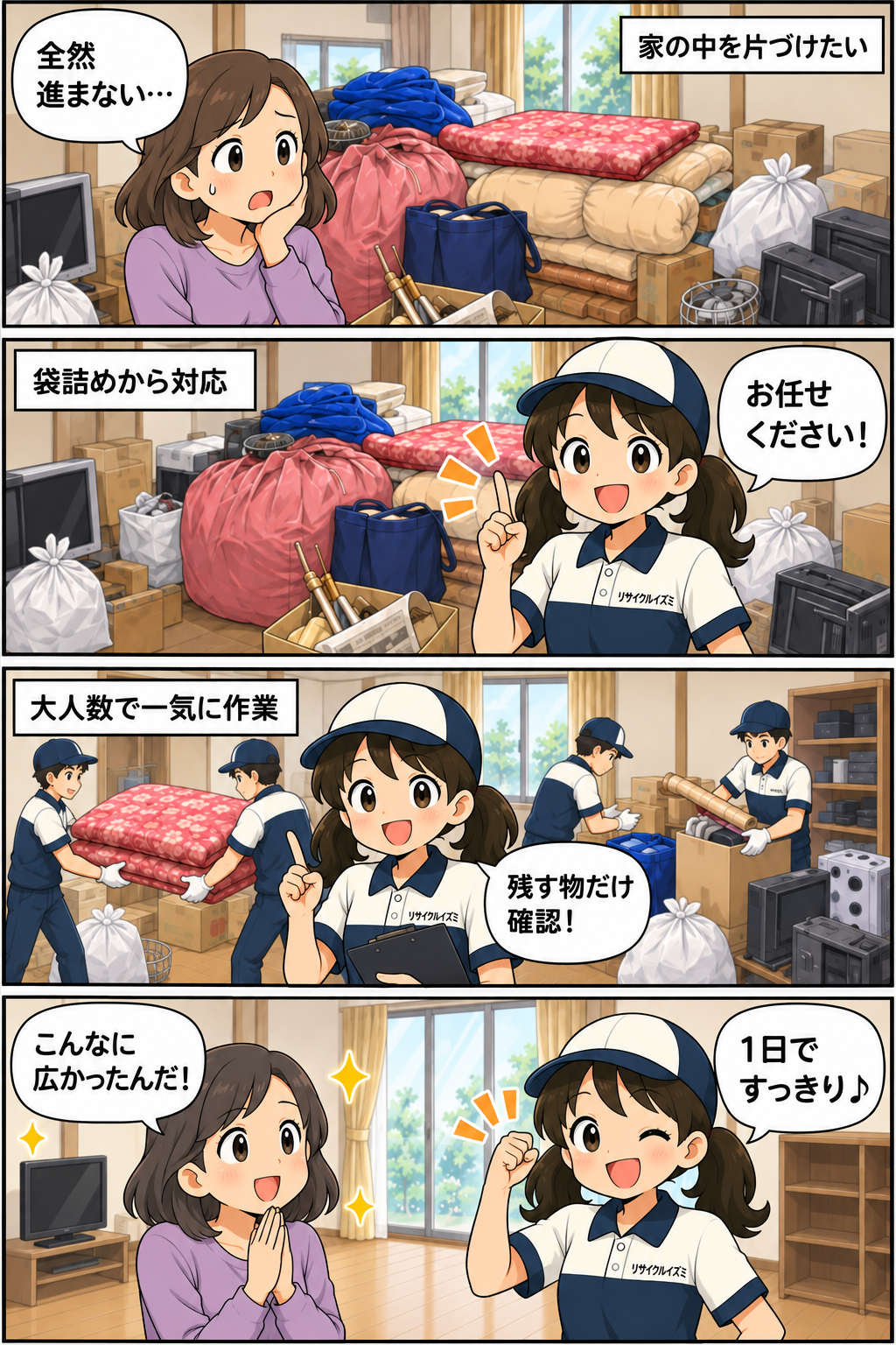 家財整理が1日で進む流れを紹介する4コマ漫画