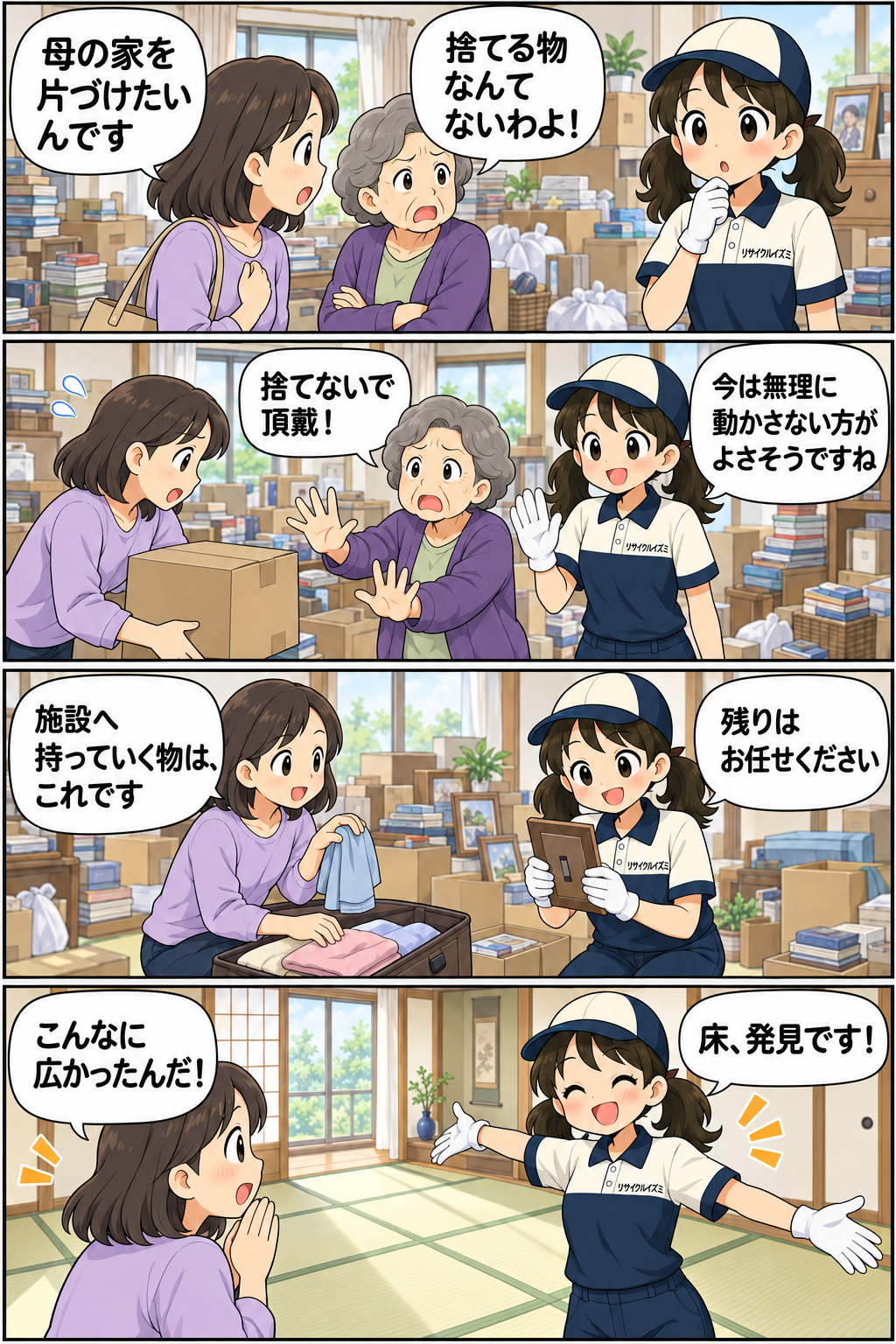 ゴミ屋敷片づけで床が見えるまでを描いた、いずみちゃんの4コマ漫画