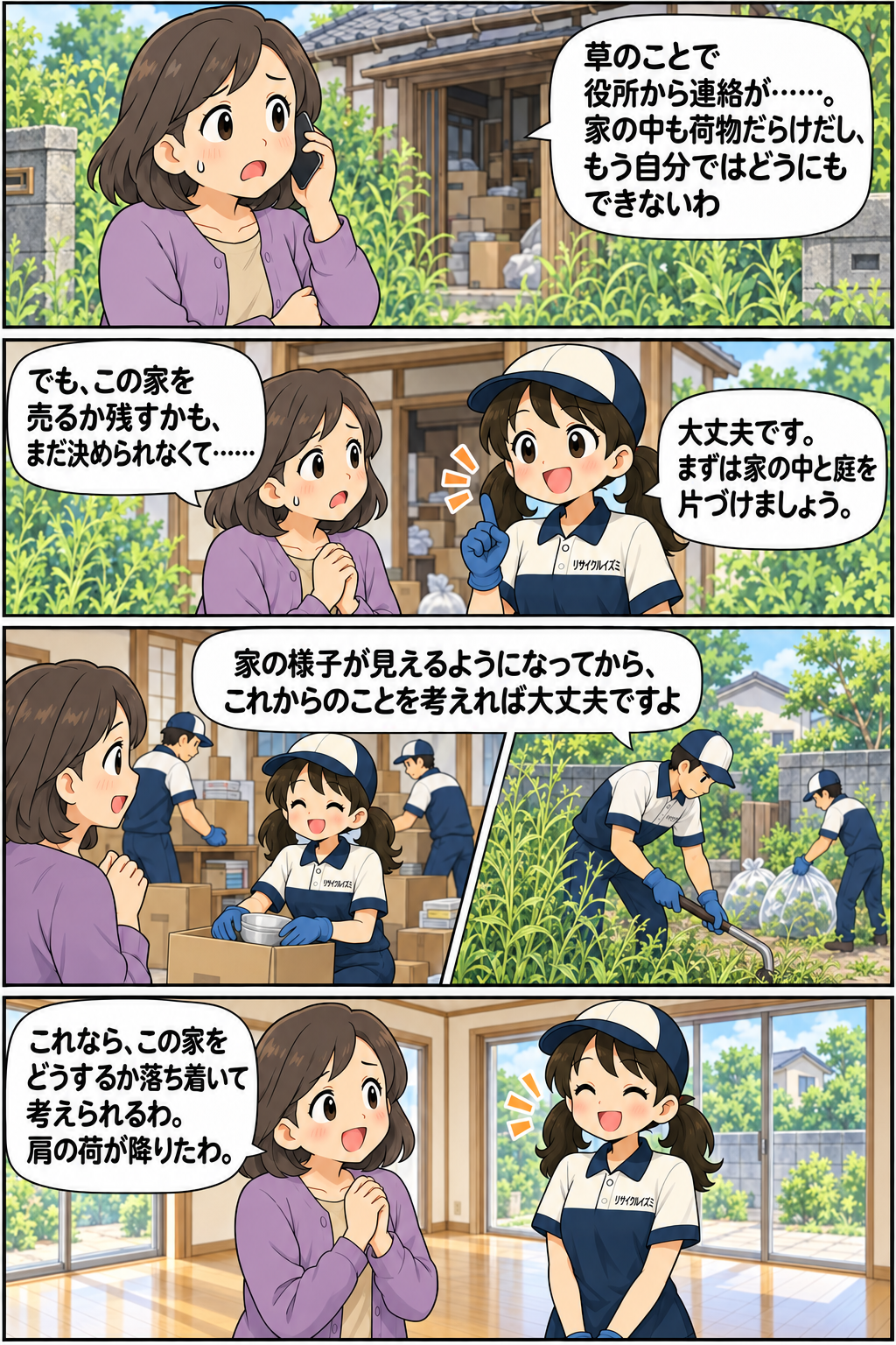 草や家財が気になる空き家を、いずみちゃんと一緒に片づけて肩の荷が降りるまでを描いた4コマ漫画