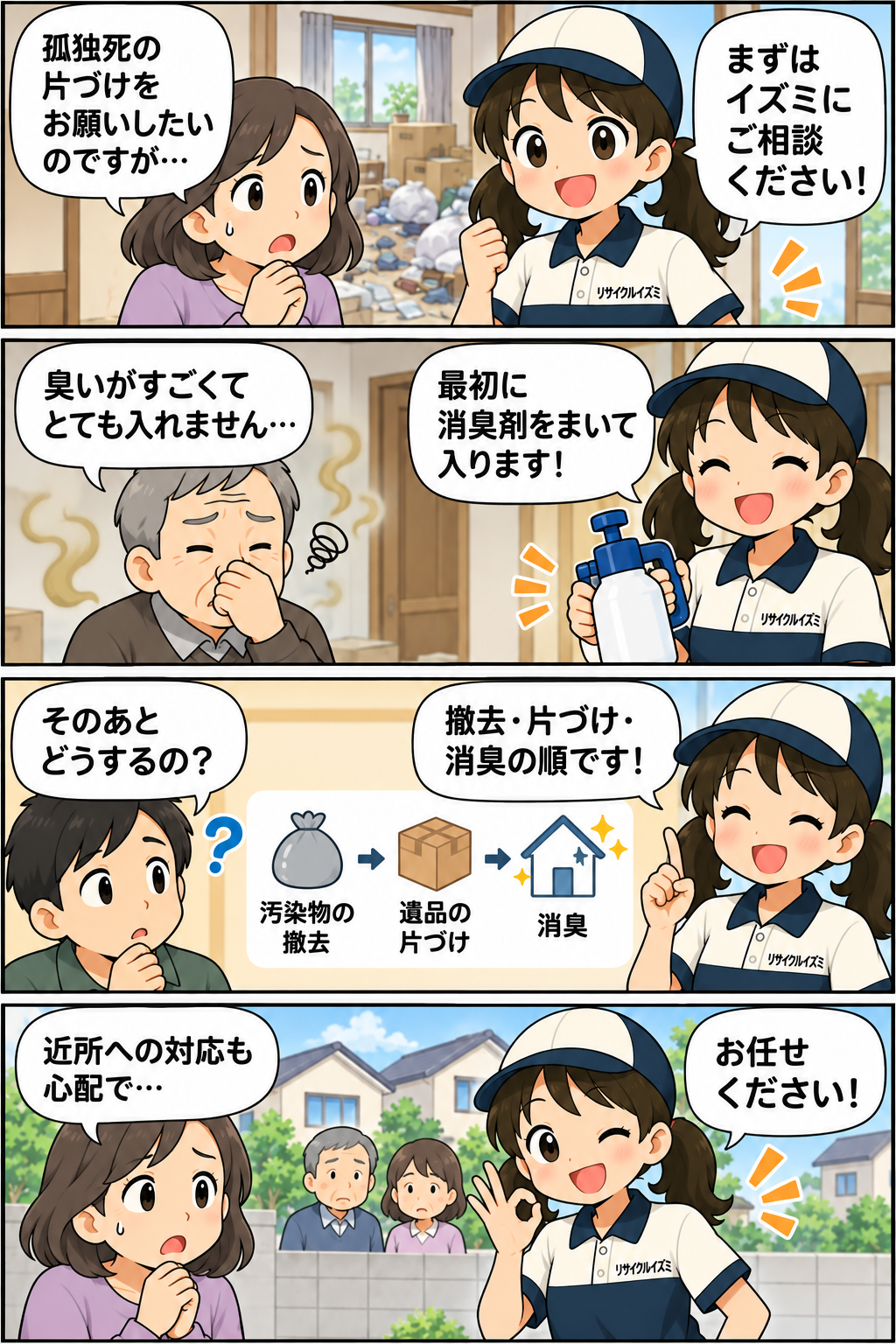 特殊清掃の流れと近所への対応を紹介する、いずみちゃんの4コマ漫画