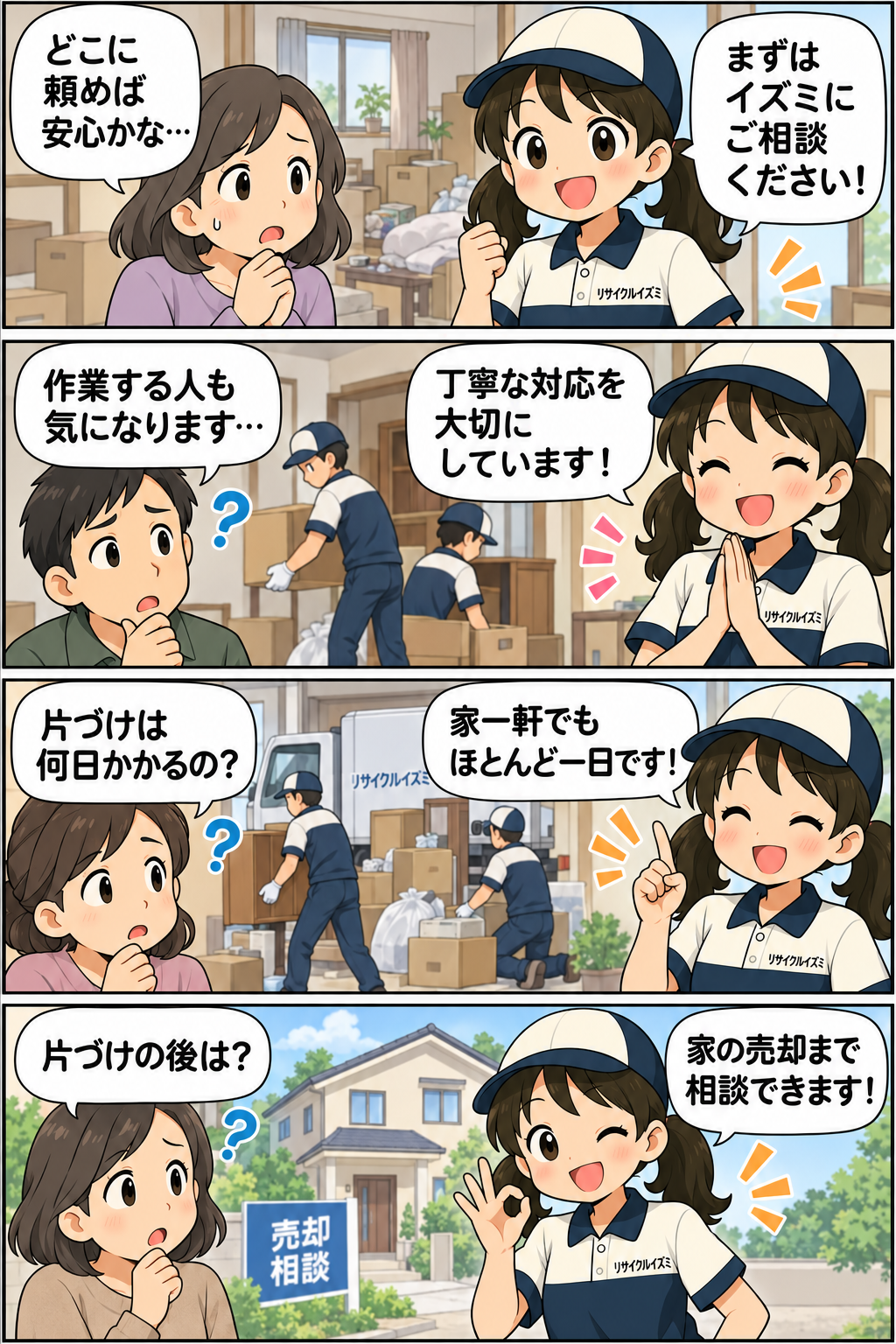 4コマ漫画：安心して頼める片づけ相談。丁寧な対応、家一軒でもほとんど一日、家の売却まで相談できます。