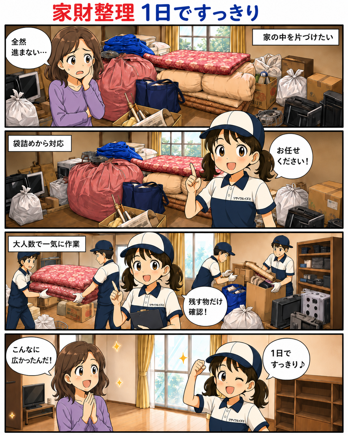 家財整理が1日で進む流れを紹介する4コマ漫画